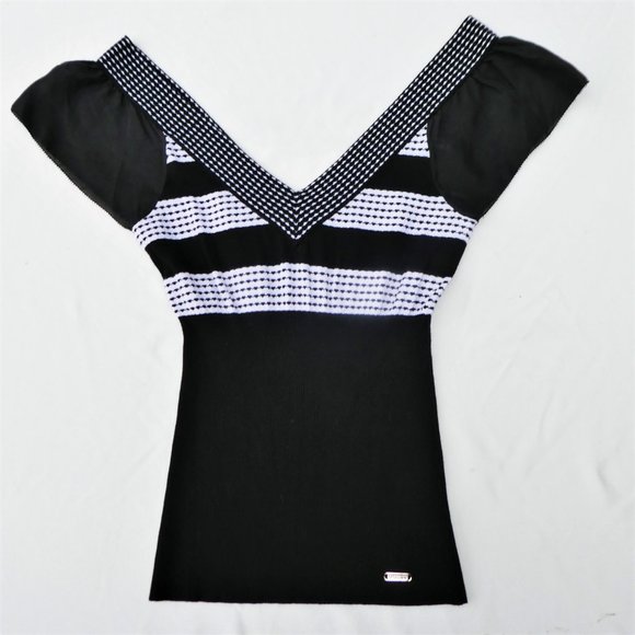 Guess Jeans V Neck Sweater Contrasting Dash Stripes Silk Flutter Sleeves Fitted - Picture 8 of 9